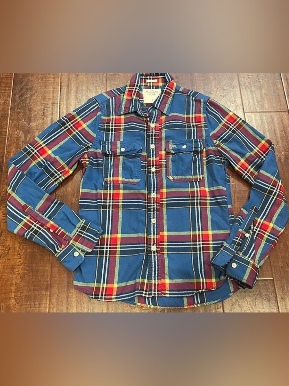 Vintage Abercrombie & Fitch multi-colored muscle flannel button down, size Large
